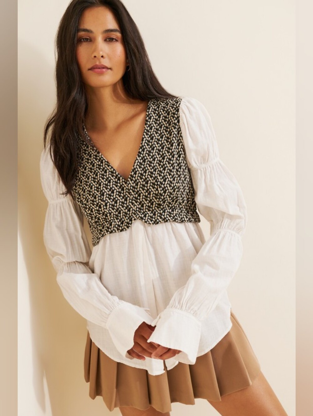 Anthropologie Layered Jacquard Vest Blouse Size XS Ivory Peasant Cottage Fall